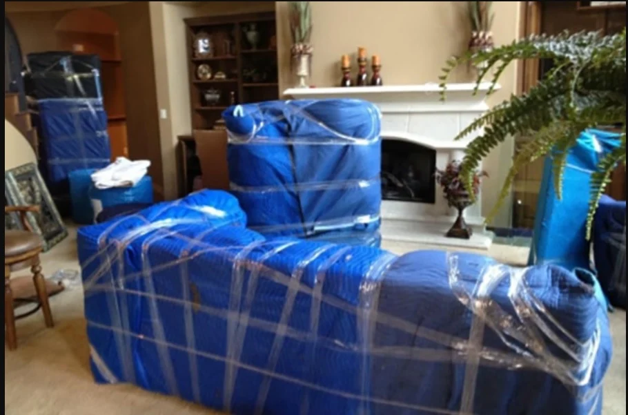A whole living room wrapped before it moved