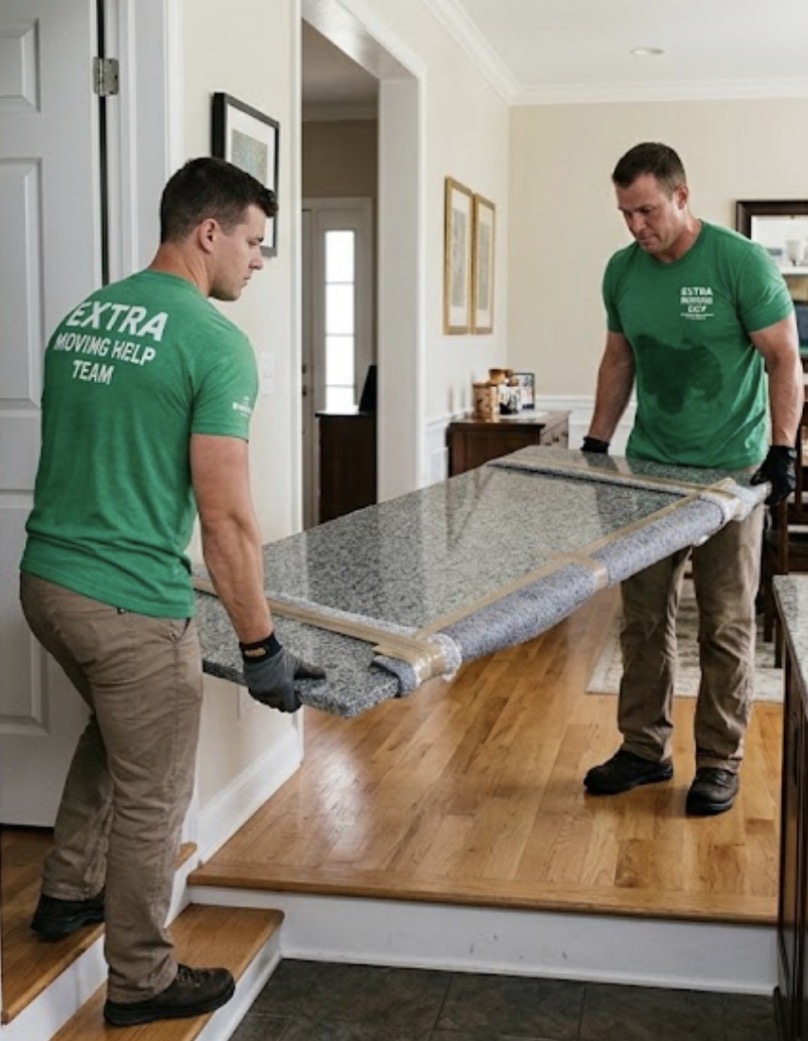 Granite slab carried on edge, two movers