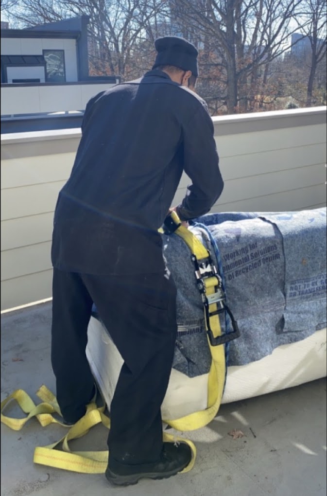 Mattress in denim wrap, balcony walk-out