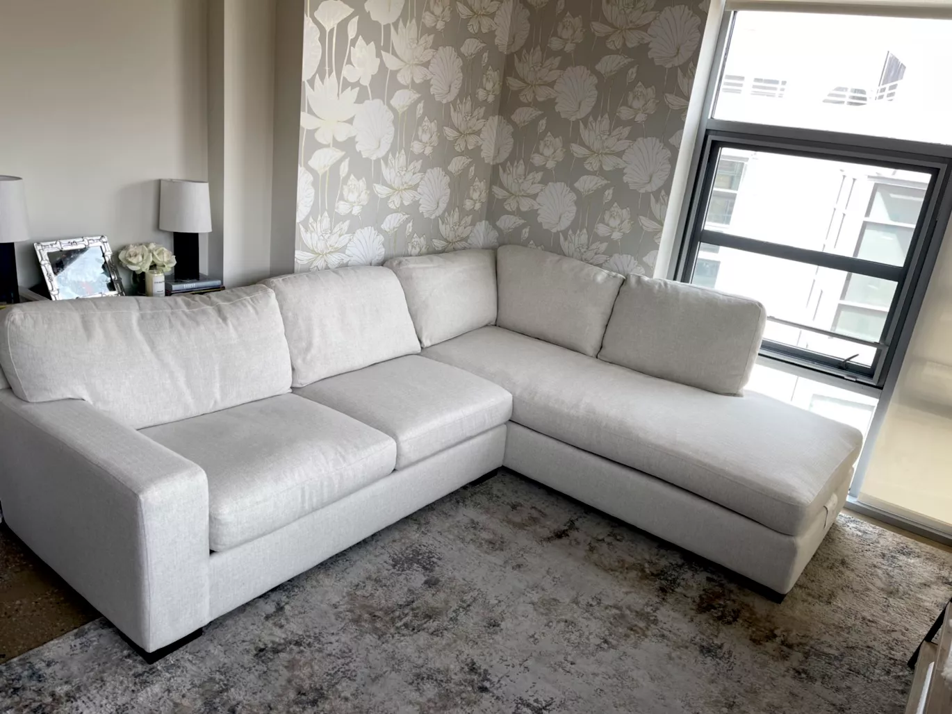 Sectional placed, cushions squared