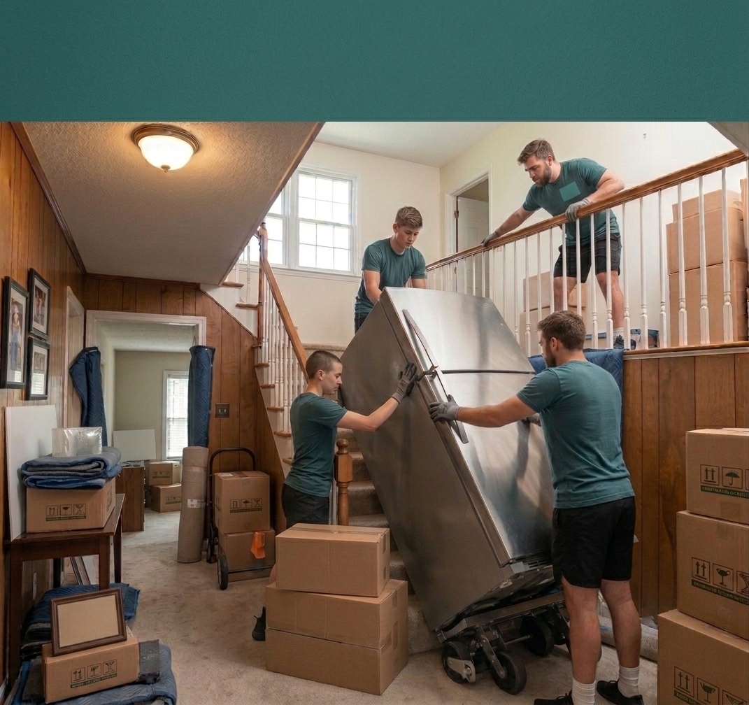 Full-size refrigerator up a residential staircase